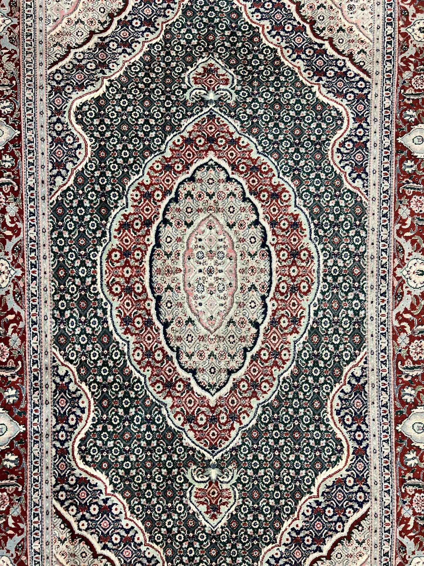 Sino Persian Rug 4x6 Hand Knotted Wool Silk Highlights Herati Medallion Vintage Carpet Green Maroon