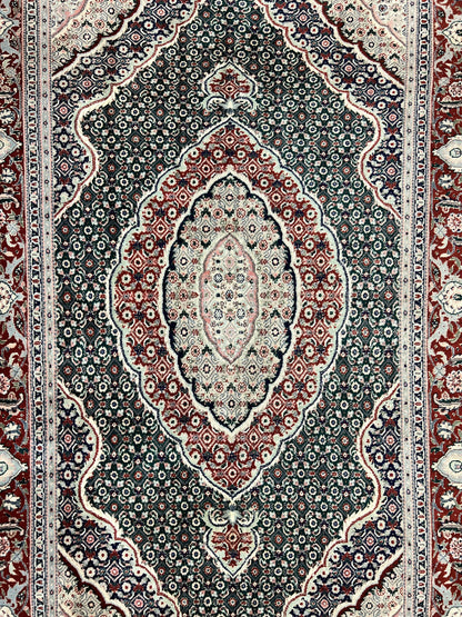 Sino Persian Rug 4x6 Hand Knotted Wool Silk Highlights Herati Medallion Vintage Carpet Green Maroon