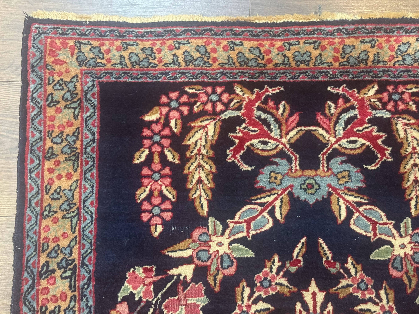Persian Kerman Rug Antique Navy Blue Floral 2 Ft 8 In By 4 Ft Hand Woven