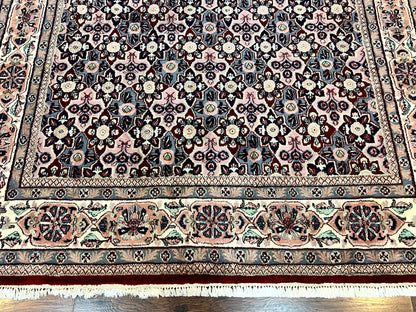 Indo Persian Rug 8x10, Repeated Allover Pattern, Navy Blue Ivory, Handmade Vintage Wool Carpet