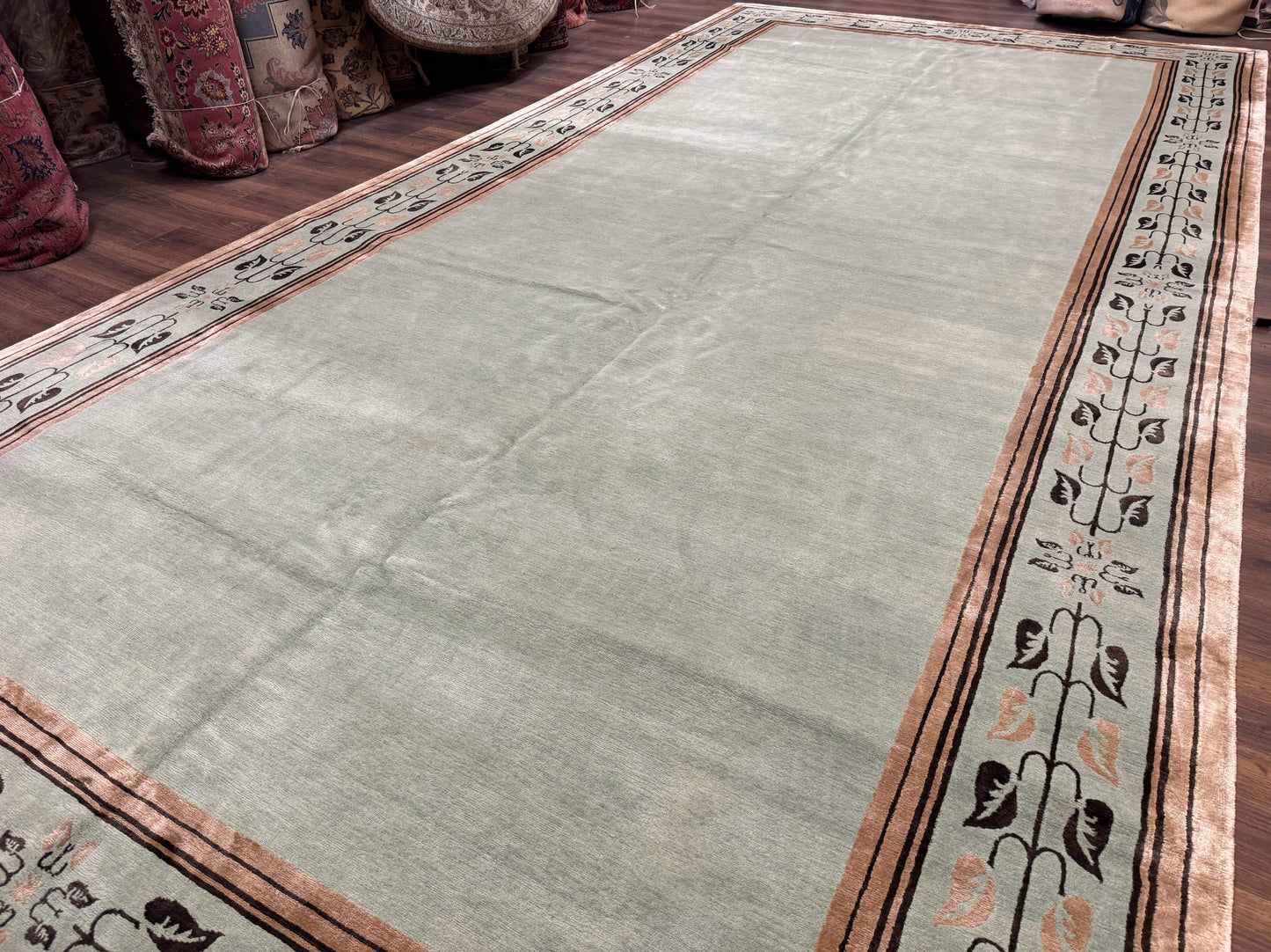 Palace Size Nepali Rug 9x18 Light Mint Green Open Field Wool Hand Knotted Modern Contemporary