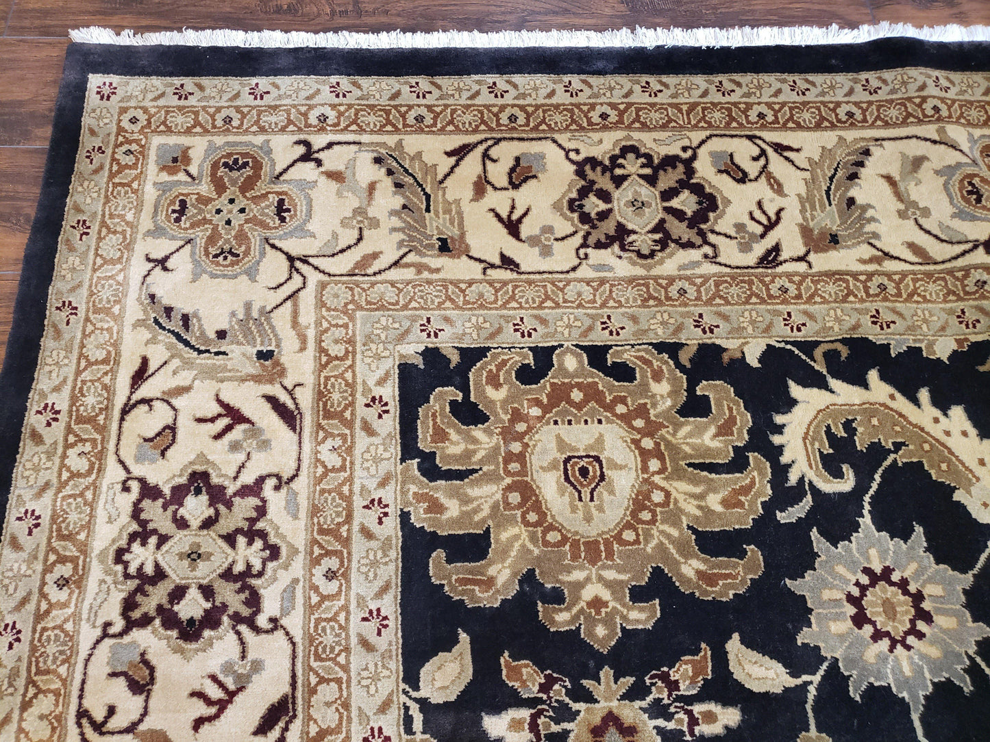 Indo Mahal Rug 8x12 Handmade Wool Area Rug With Black Floral Oriental For Dining Room