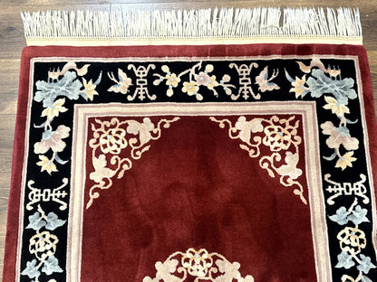 Chinese Wool Rug 4x6 Hand Knotted 90 Line Butterflies Maroon and Black