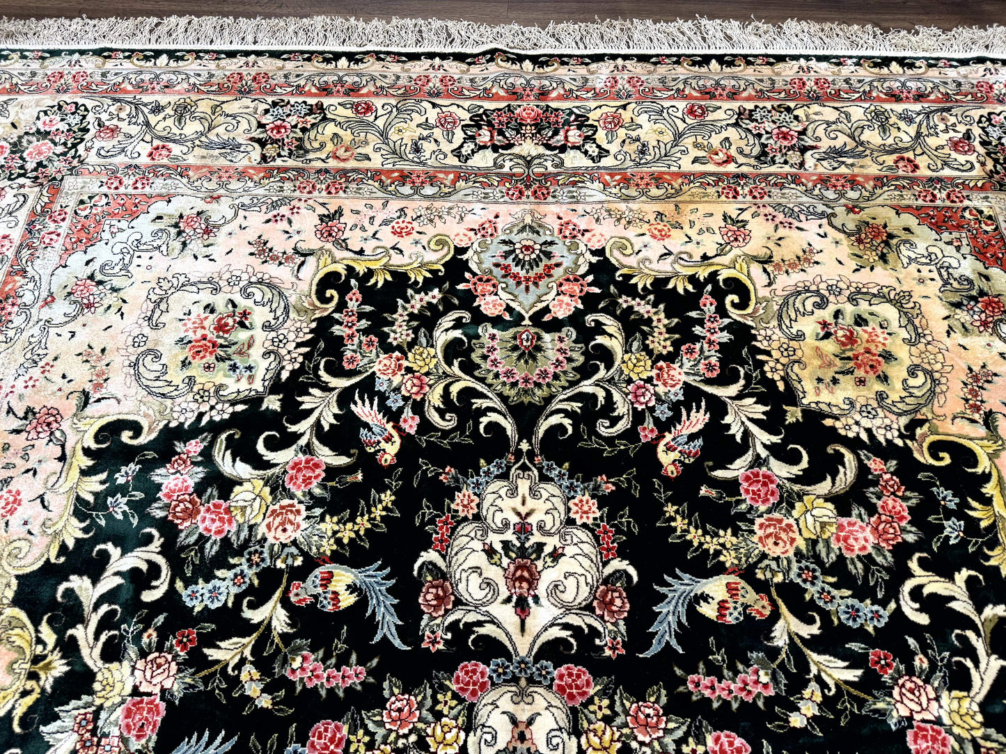 Kashmiri Silk Rug 9x12 Vintage Hand Knotted Carpet For Elegant Interiors