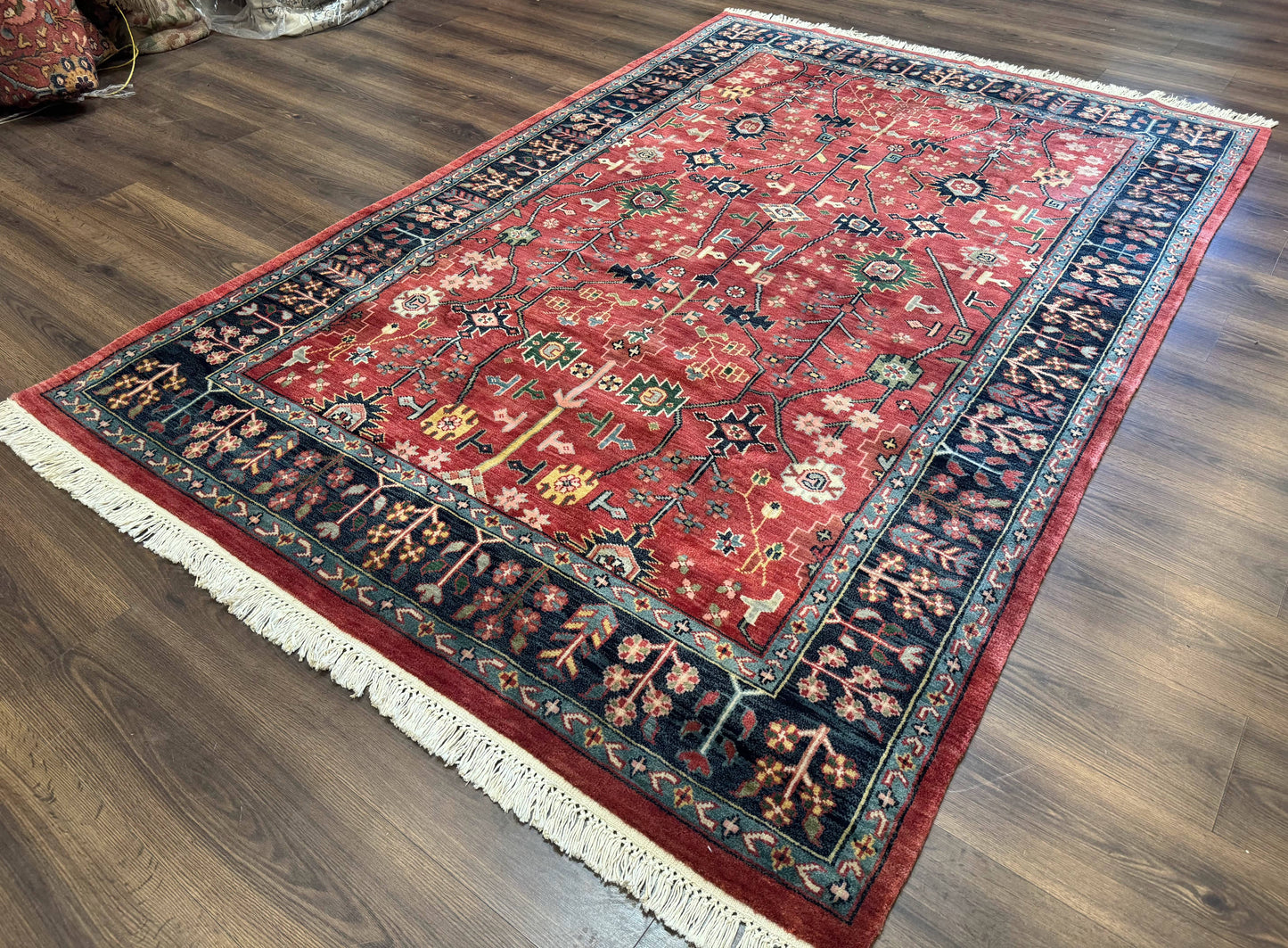 Indo Persian Heriz Serapi Rug 6x8 Handmade Wool Allover Pattern In Rust Red And Navy Blue
