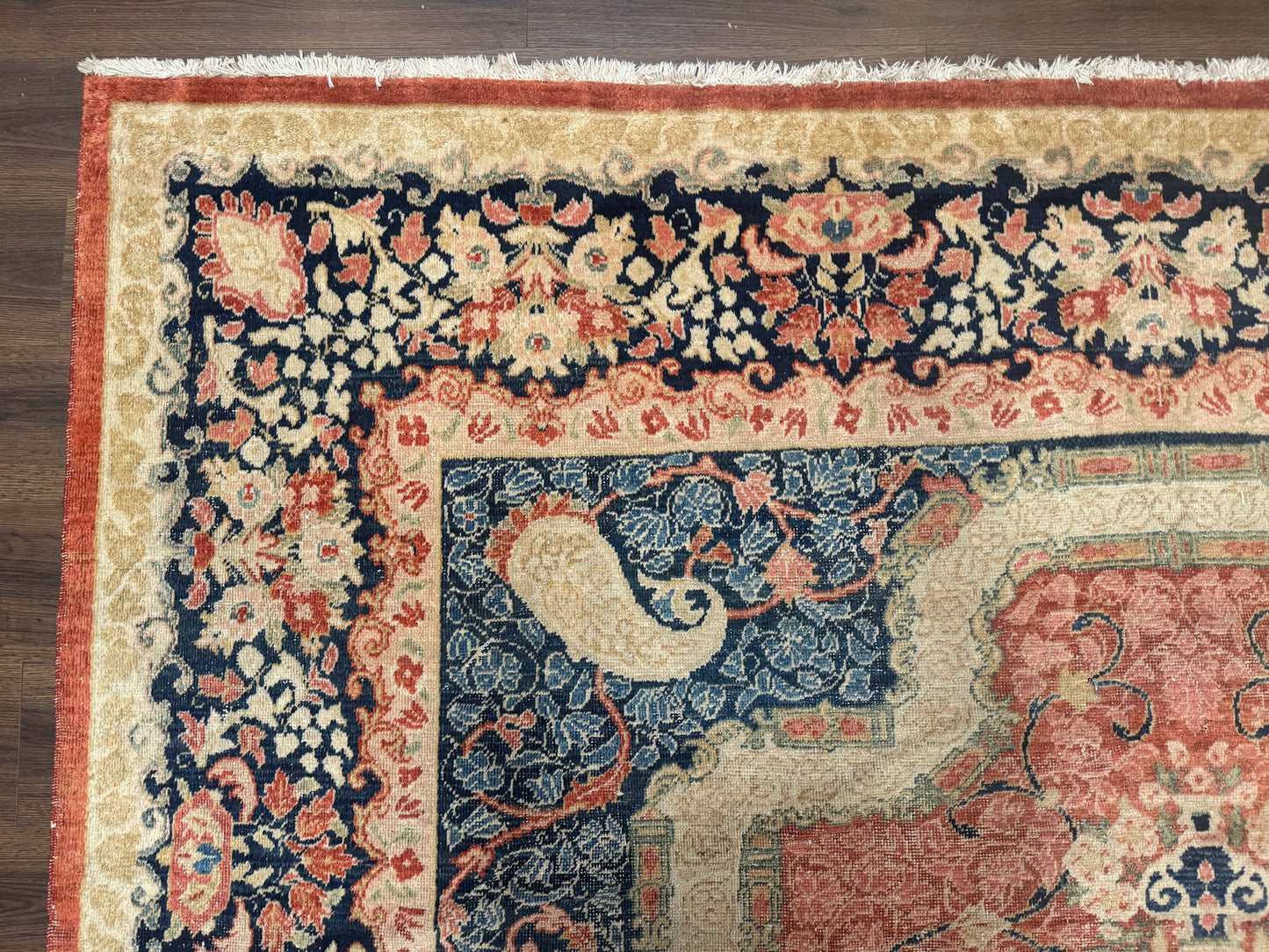 Antique Persian Sarouk Rug 9x12 With Boteh Paisley Medallion Navy Border