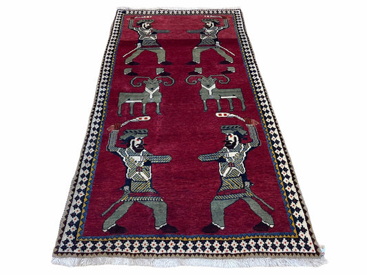 Handmade Wool Rug 3x6 Tribal Balouch Warriors Deer Pictorial Red Swords