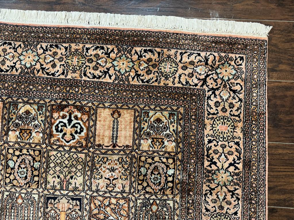 Indian Kashmiri Silk Rug 4x6, Panel Design, Multicolor, Fine