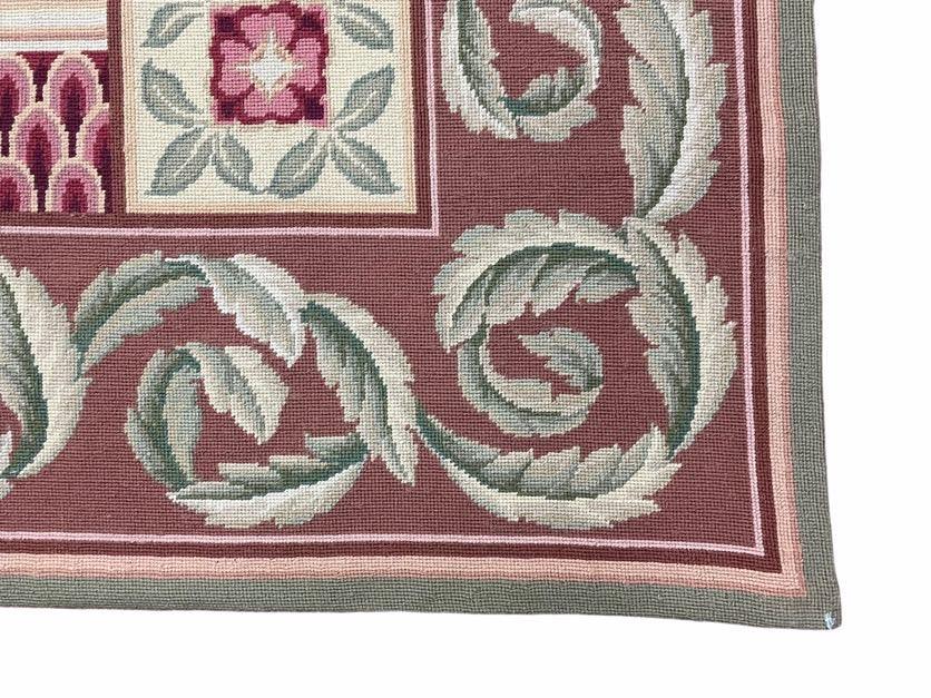 Aubusson Needlepoint Rug Traditional 9x12 Handmade Wool Floral Cream Green Maroon