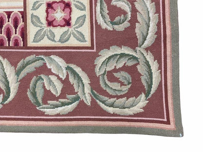 Aubusson Needlepoint Rug Traditional 9x12 Handmade Wool Floral Cream Green Maroon