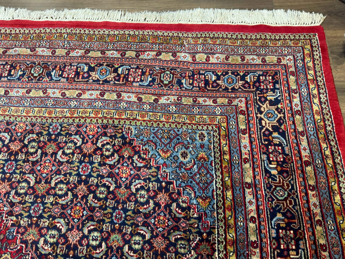 Indo Persian Bidjar Rug 10x14 Red And Dark Blue Herati Mahi Pattern Vintage