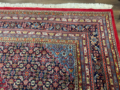 Indo Persian Bidjar Rug 10x14 Red And Dark Blue Herati Mahi Pattern Vintage