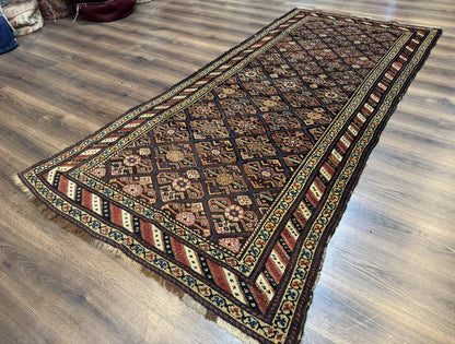 Antique Persian Wide Runner Rug 4x9, Kurdish Rug, Panel Design, Rainbow Border, Rare Tribal Rug
