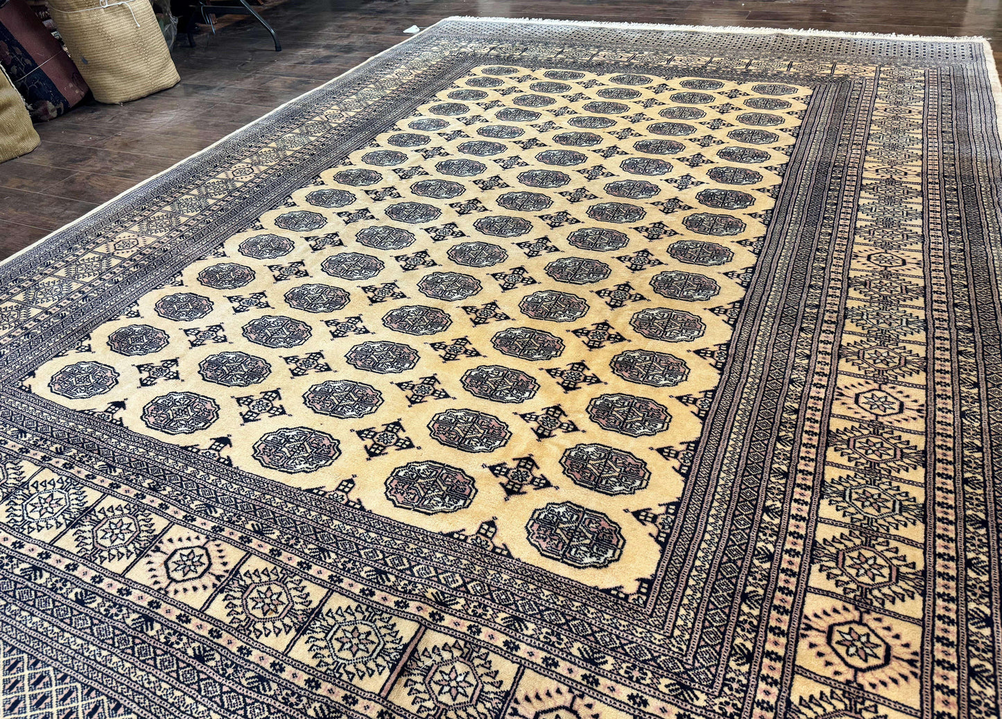 Pakistani Bokhara Turkoman Rug 9x11, Cream, Handmade Wool Vintage Carpet