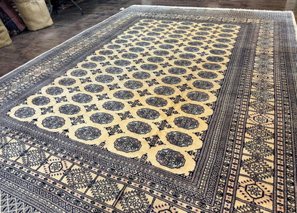 Pakistani Bokhara Turkoman Rug 9x11, Cream, Handmade Wool Vintage Carpet