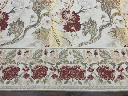 Extra Large Needlepoint Rug 14 x 20, Vintage Handwoven Handmade Wool Flatweave Carpet, Allover Floral Pattern, Elegant European Deisgn Rug