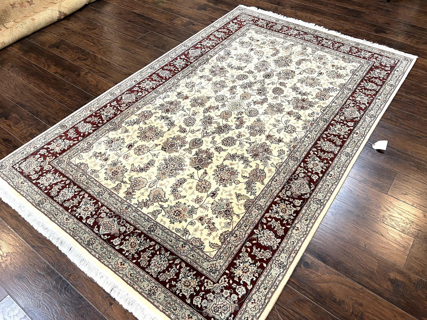 Pak Persian Rug 6x9 Wool Silk Hand Knotted Floral Allover Cream and Maroon Vintage Rug