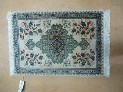 1' 9" X 2' 5" Handmade Indian Wool Rug Lahore Floral Design Small Oriental Rug Beige & Teal