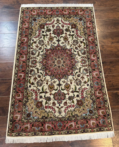 Fine Persian Tabriz Rug 3x5, Floral Medallion, 340 KPSI, Ivory Salmon