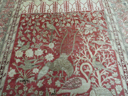 Antique Handmade Turkish Tree Of Life Wool Rug With Birds Red 4x6 Ft