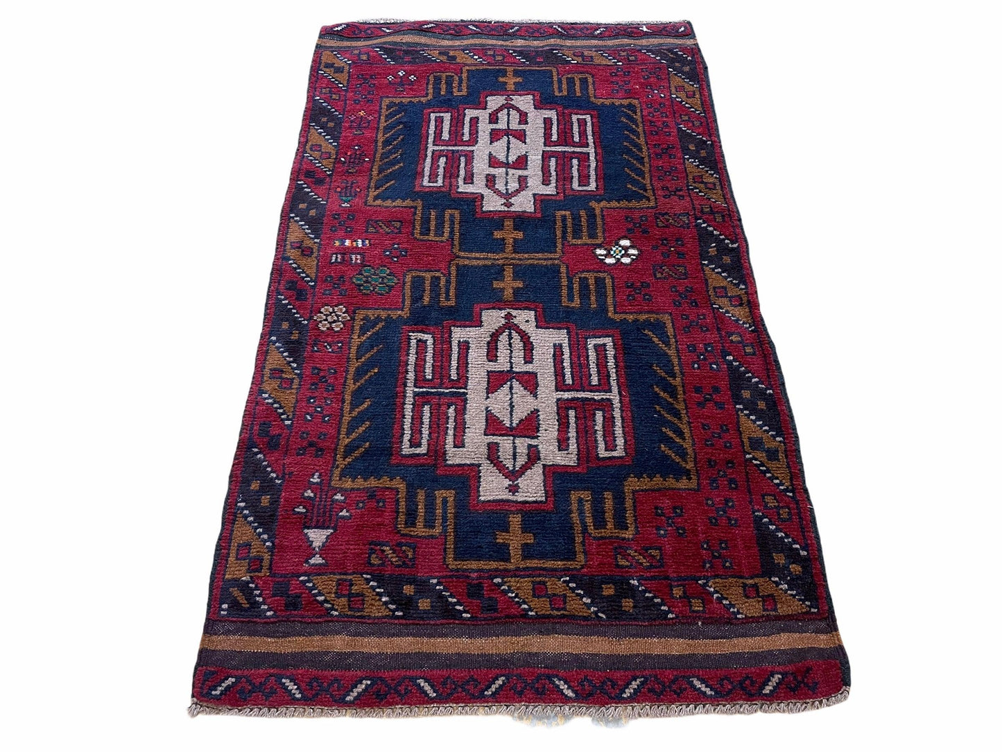 Balouchi Wool Rug Vintage Handmade Afghan Tribal Red Beige 2 Ft 9 In By 4 Ft 7 In