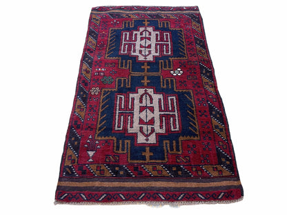 Balouchi Wool Rug Vintage Handmade Afghan Tribal Red Beige 2 Ft 9 In By 4 Ft 7 In