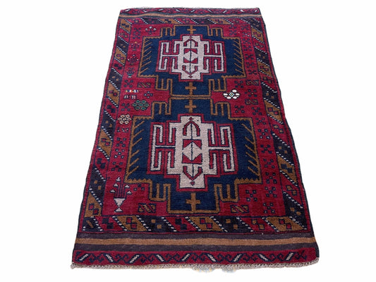 Balouchi Wool Rug Vintage Handmade Afghan Tribal Red Beige 2 Ft 9 In By 4 Ft 7 In