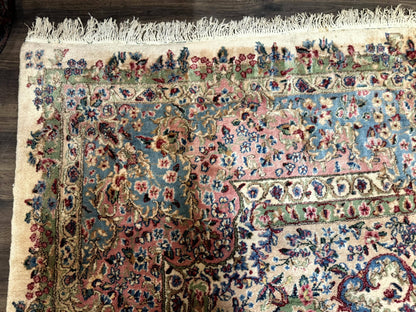 Palace Size Persian Kerman Rug 11x20 ft, Very Fine 340 KPSI, Vintage Oversized Wool Handmade Large Persian Carpet, Beige Light Blue Pink