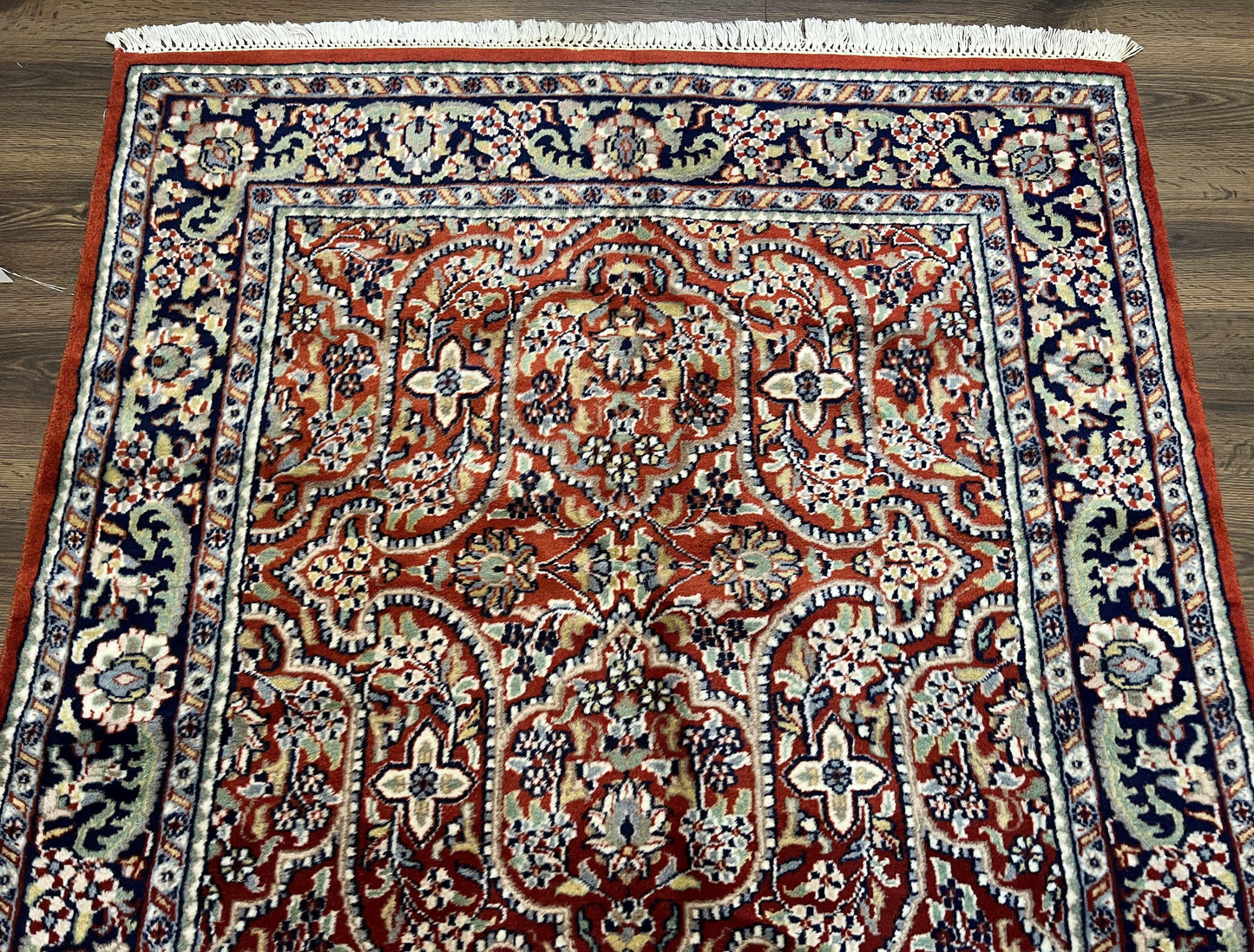 Indo Persian Rug 4x7, Allover Floral Oriental Carpet, Red and Navy Blue, Hand Knotted Indian Kashmiri Traditional Vintage Area Rug 4 x 7 ft
