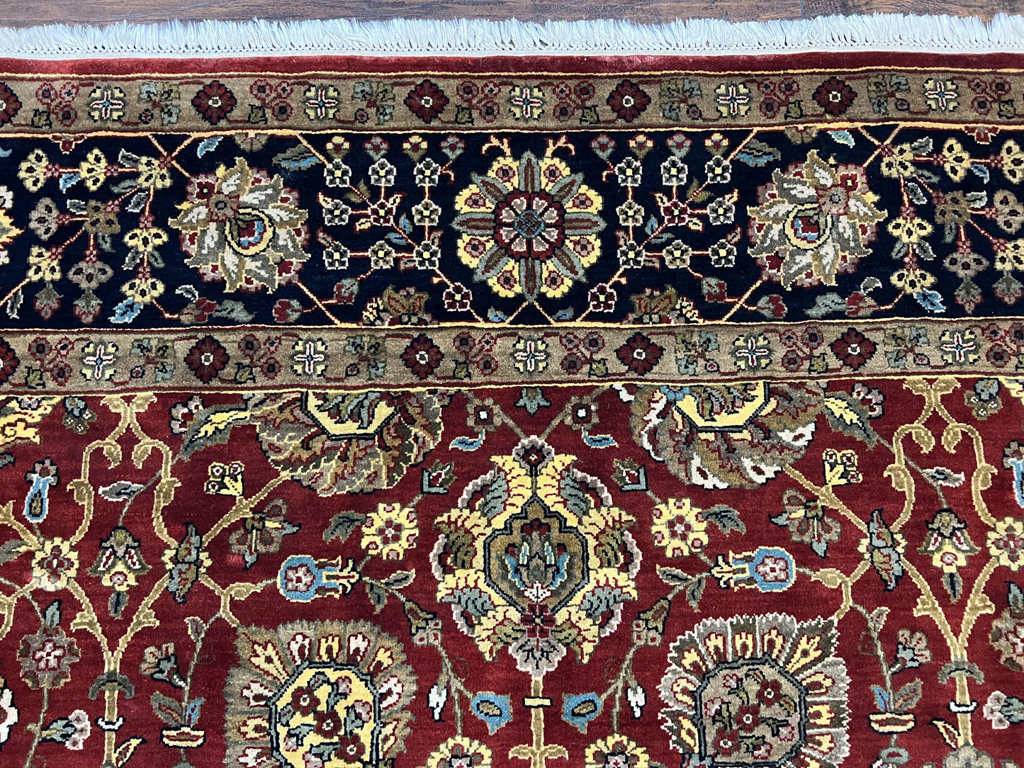 Indo Persian Rug 9x12, Hand Knotted Traditional Indian Wool Oriental Carpet 9 x 12 ft, Maroon and Navy Blue, Floral Allover 9x12 Vintage Rug
