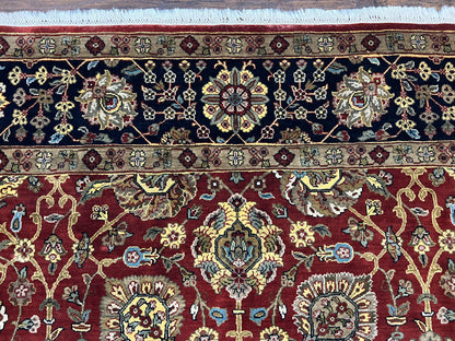 Indo Persian Rug 9x12, Hand Knotted Traditional Indian Wool Oriental Carpet 9 x 12 ft, Maroon and Navy Blue, Floral Allover 9x12 Vintage Rug