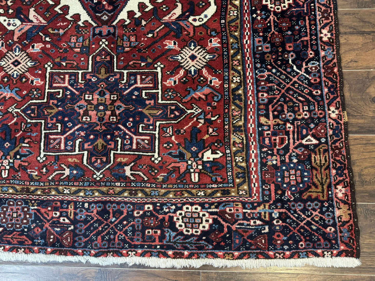 Persian Karajeh Rug 5x6, Antique Heriz Carpet, Geometric, Persian Tribal Rug, Brick Red Navy Blue