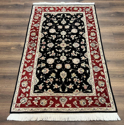 Pak Persian Rug 3x5, Black and Red, Floral Allover, Vintage Hand Knotted Wool Oriental Carpet, Pakistani Rug, Small Handmade Area Rug 3 x 5