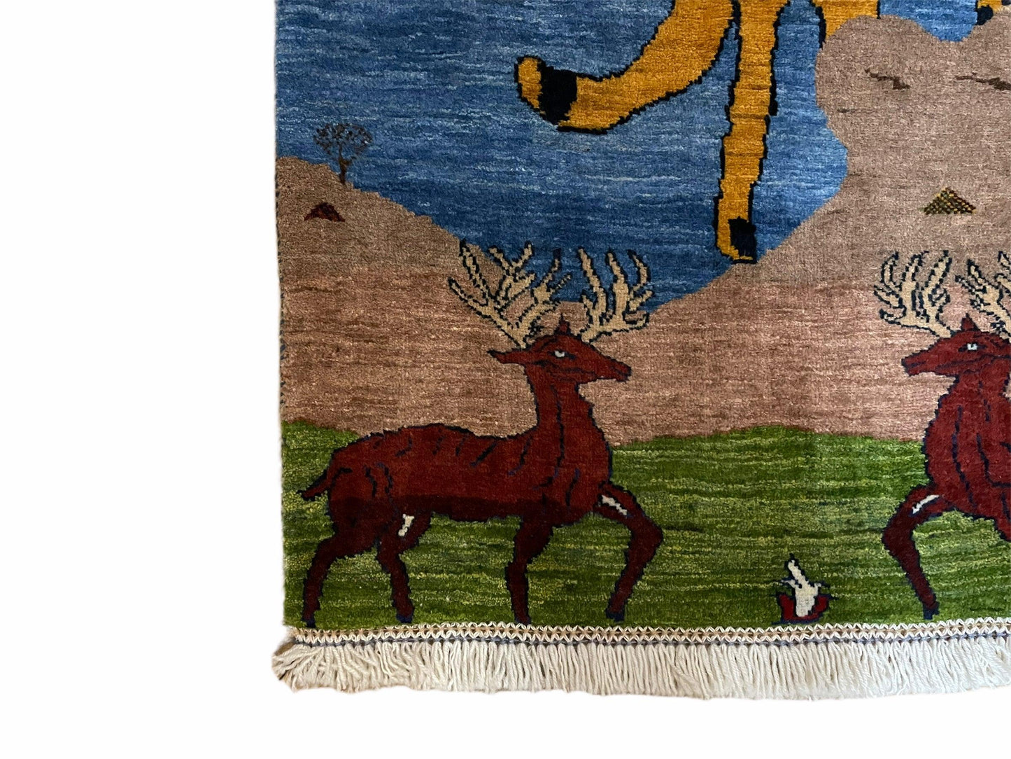 Handmade Wool Rug Lion Scene Vintage Blue 3x5 Hand Knotted