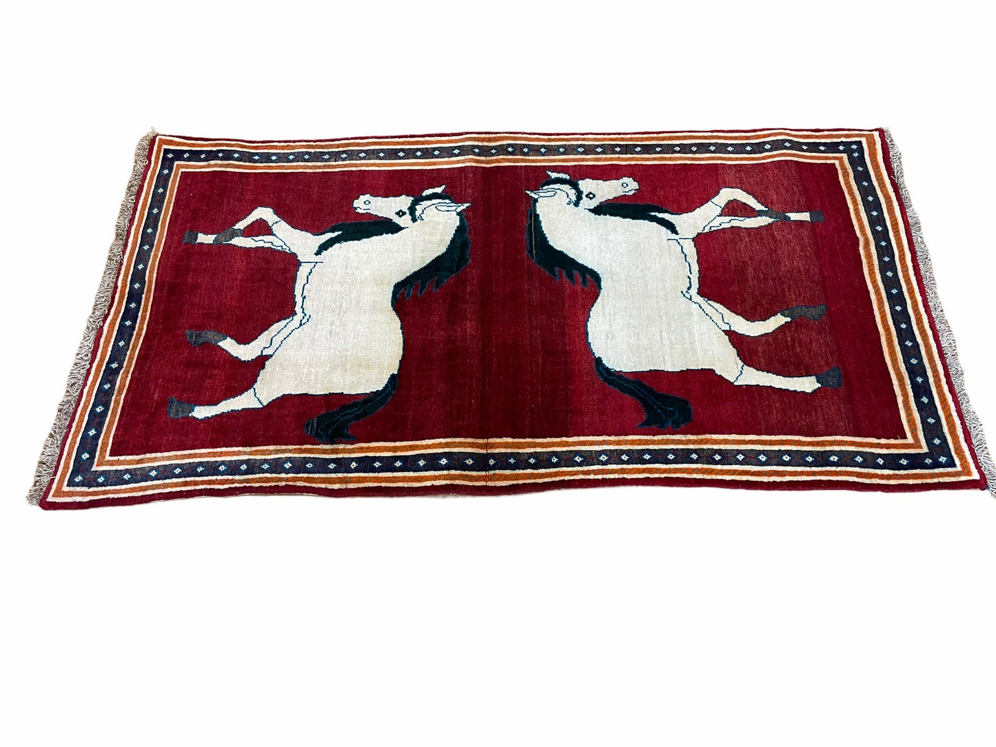 Handmade Hand-Knotted Wool Rug With Horses Motif Vintage White And Red 3.5 x 6