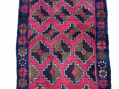 Balouchi Rug Vintage Handmade Afghan Wool Rug 3 By 4 Ft 7 In Red Brown Tribal Design