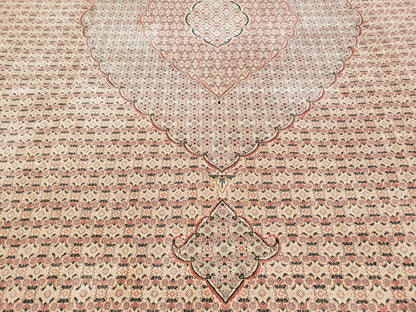 Stunning Oversized Sino Persian Oriental Rug 12x15, Hand Knotted Wool & Silk Palace Sized Carpet, Mahi Pattern, Very Fine, Peach Beige, Wow