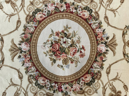 Elegant Aubusson Needlepoint Rug 9x11 Handmade Wool Flatweave Floral Cream