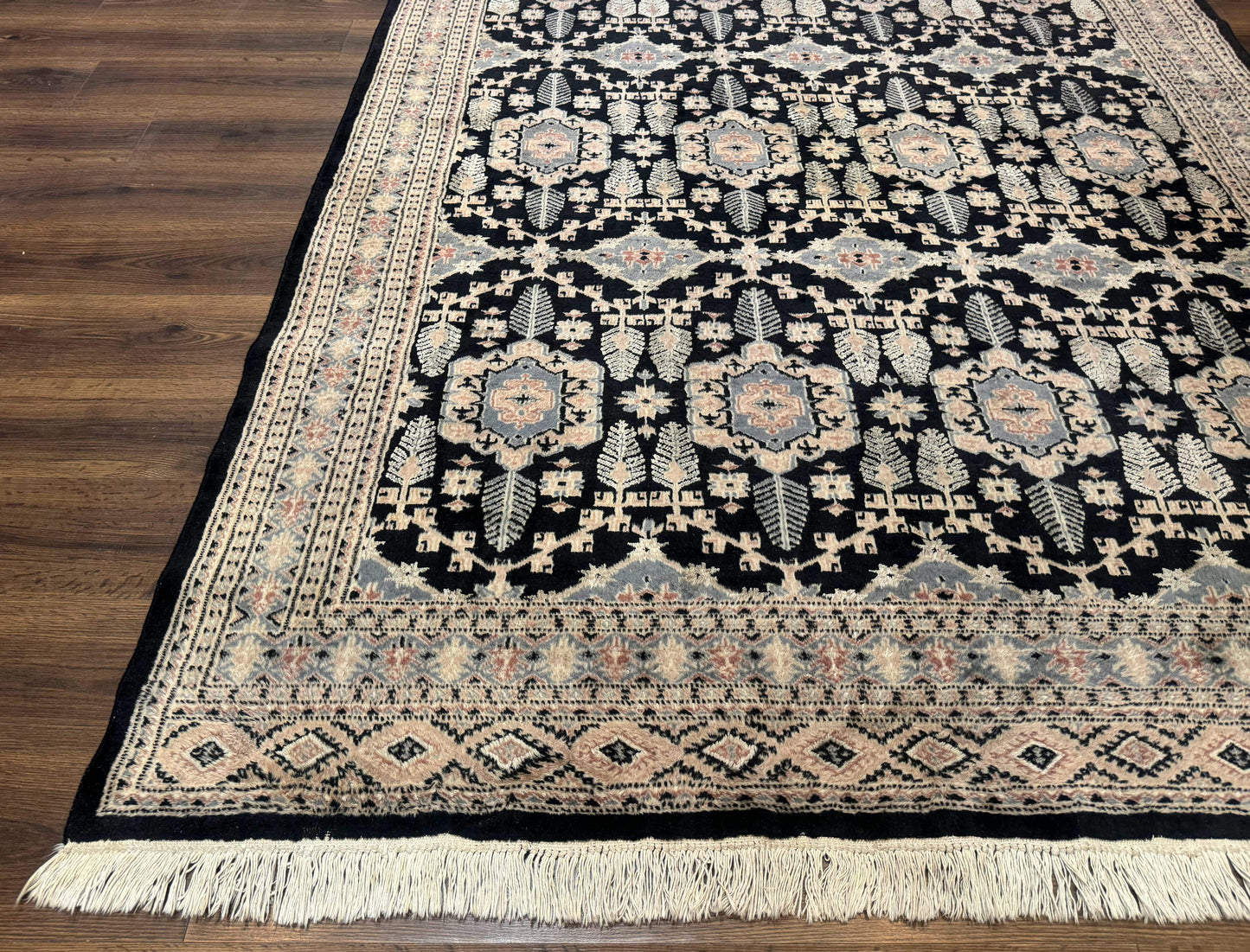 Turkoman Bokhara Rug 6x9 Hand Knotted Wool Carpet Black Handmade Authentic Pakistani