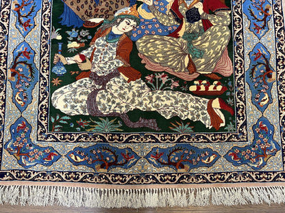 Fine Persian Isfahan Pictorial Rug 3.7 x 5, Kork Wool on Silk Foundation, Blue Persian Carpet, Hand Knotted, Humans Birds, High KPSI, Semi Antique