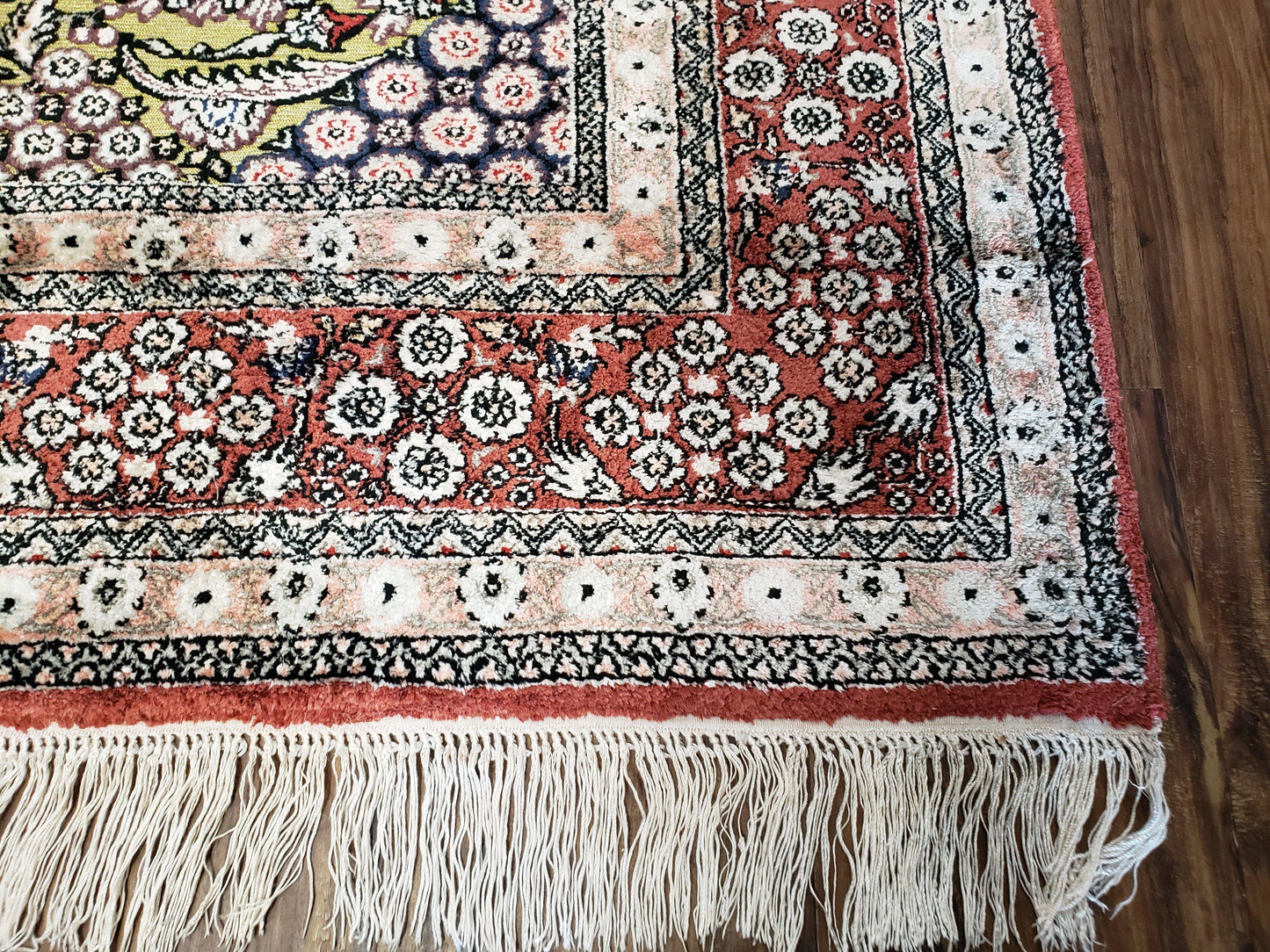 Kashmiri Silk Rug 5x8 Indian Handmade With Gold Threads Luxury Vintage Style