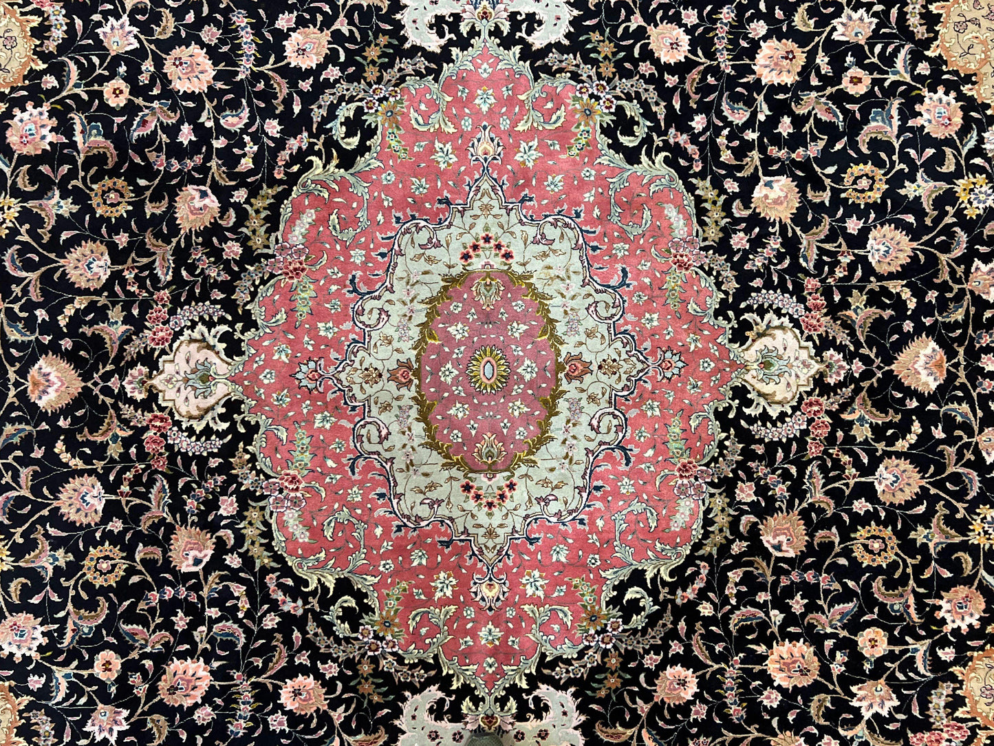 Persian Tabriz Rug 11x16 Hand Knotted Wool On Silk Floral Medallion Black Pink