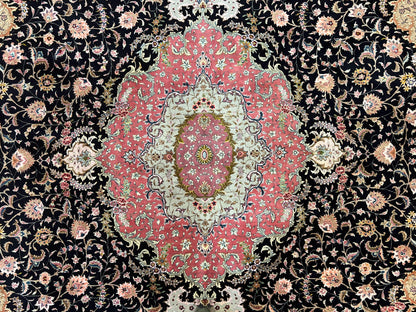 Persian Tabriz Rug 11x16 Hand Knotted Wool On Silk Floral Medallion Black Pink