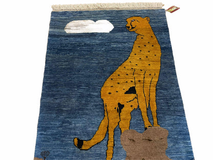 Handmade Wool Rug Lion Scene Vintage Blue 3x5 Hand Knotted
