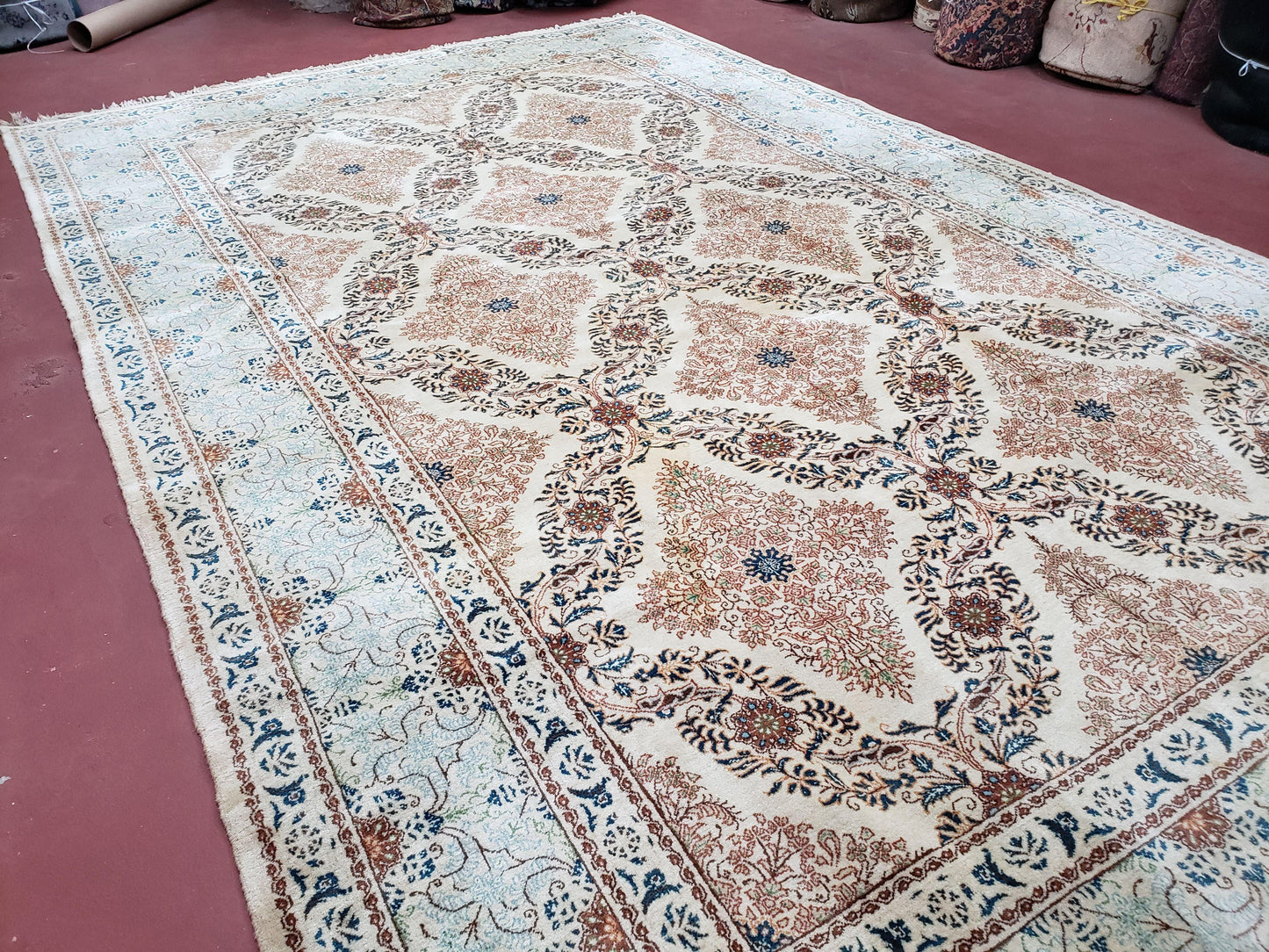 Fine Antique Persian Light Colored Kashan Carpet, 7x12, Top Quality, Rare, Ivory & Blues, Hand-Knotted, Wool