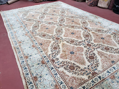Fine Antique Persian Light Colored Kashan Carpet, 7x12, Top Quality, Rare, Ivory & Blues, Hand-Knotted, Wool