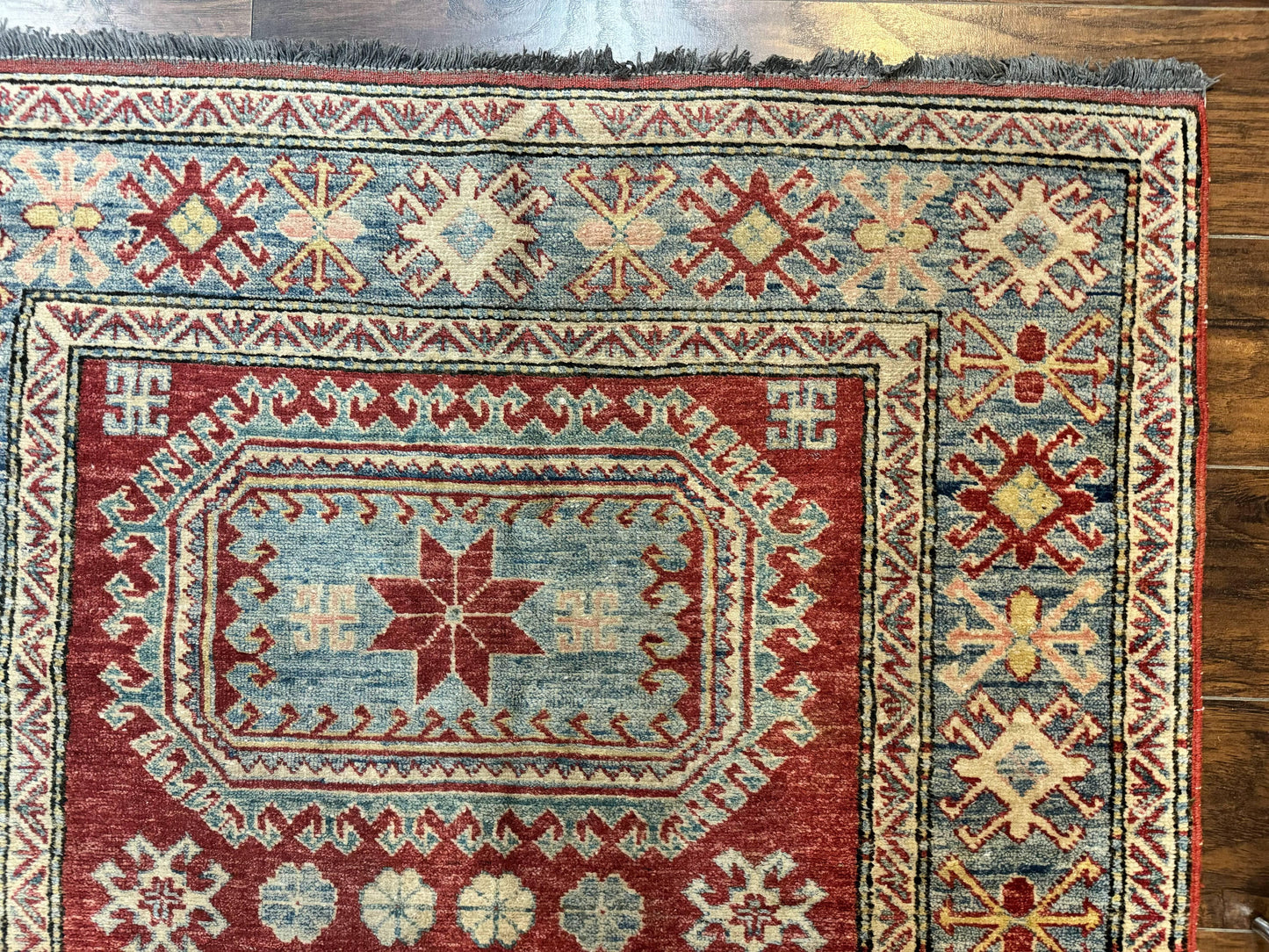 Turkish Kazak Rug Handmade Vintage Wool Carpet Geometric Design Red And Light Blue