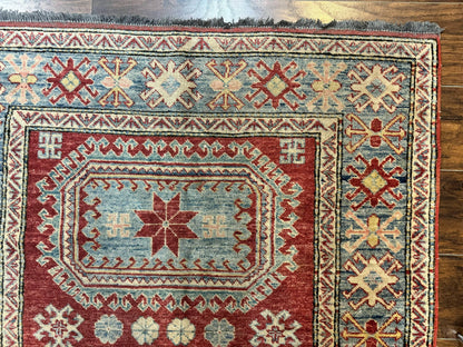 Turkish Kazak Rug Handmade Vintage Wool Carpet Geometric Design Red And Light Blue