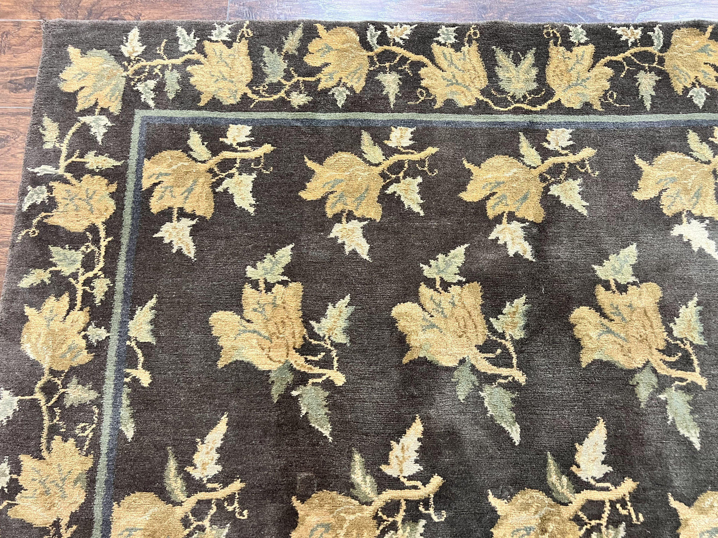 Tibetan Nepal Rug 6x9, Wool Hand Knotted Vintage Carpet 6 x 9, Dark Green & Golden Yellow, Floral Bouquets