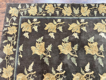 Tibetan Nepal Rug 6x9, Wool Hand Knotted Vintage Carpet 6 x 9, Dark Green & Golden Yellow, Floral Bouquets